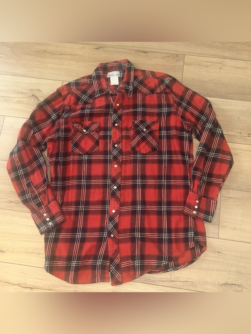Wrangler Pearls Snap Flannel Red Lumberjack Plaid Pockets Cabin Holiday XLT